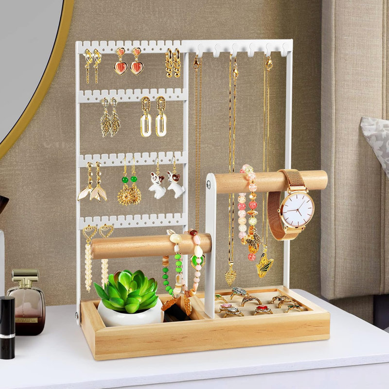 Latitude Run Jewelry Organizer 4 Tier Earring Holder Organizer With 48 Holes 6 Hooks Necklace Organizer Wood Box For Bracelet Ring Christmas Gifts For Home Decor Preppy Stuff Room Decor White Wayfair